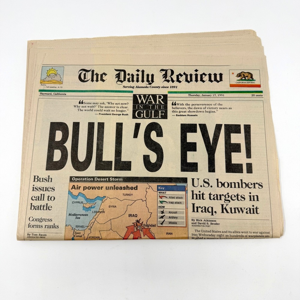 1991 Gulf War Desert Storm Newspaper Daily Review Bull's Eye Iraq Kuwait Bush